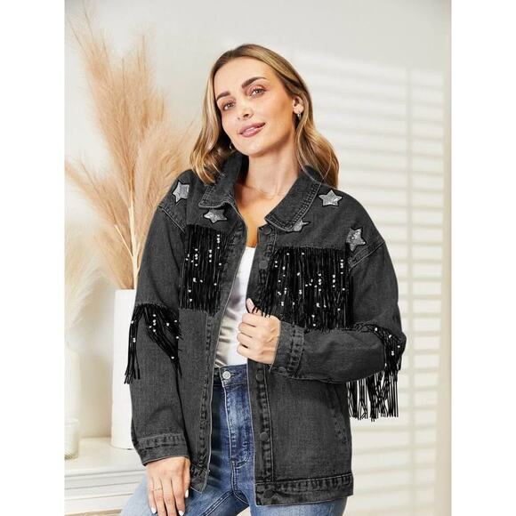 NWT Women’s Medium Oversized Distressed Black Denim Sequin Fringe Jacket - Picture 1 of 5